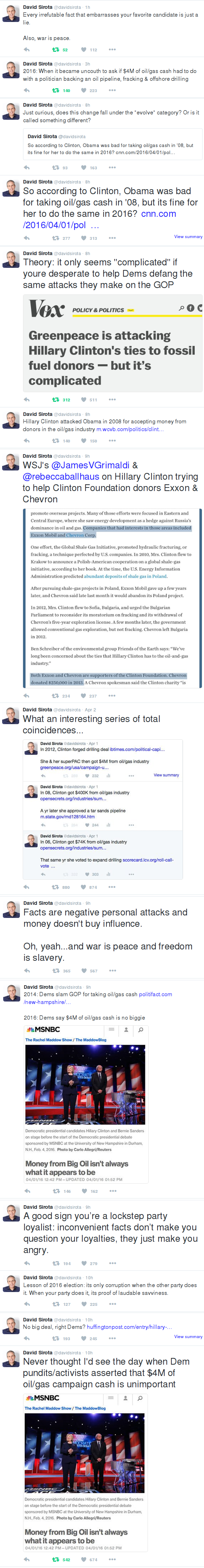 Some tweets from David Sirota, April 2-3, 2016. Screenshots stitched together by author, fair use.